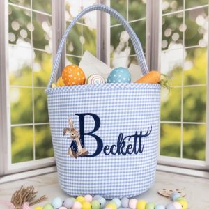 Blue Seersucker Embroidered Basket
