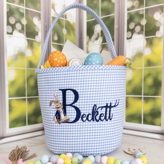 Blue Seersucker Embroidered Basket