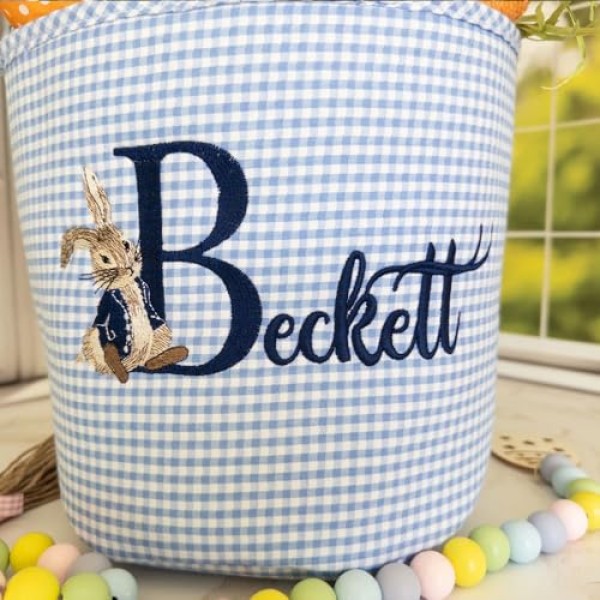 Blue Seersucker Embroidered Basket - Image 4