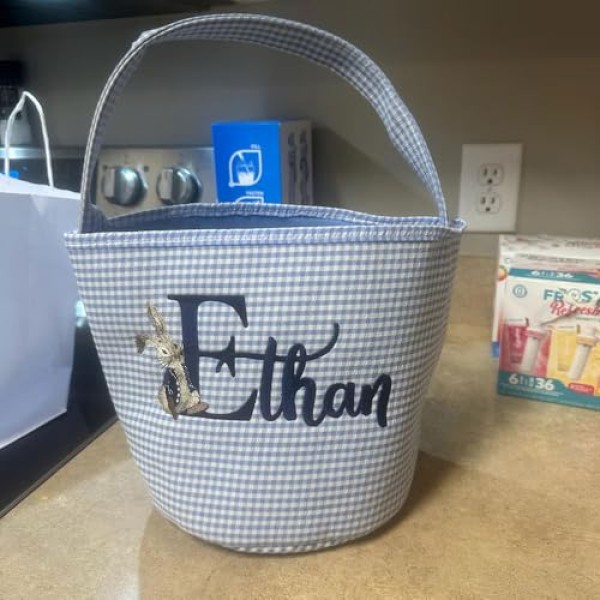 Blue Seersucker Embroidered Basket - Image 5