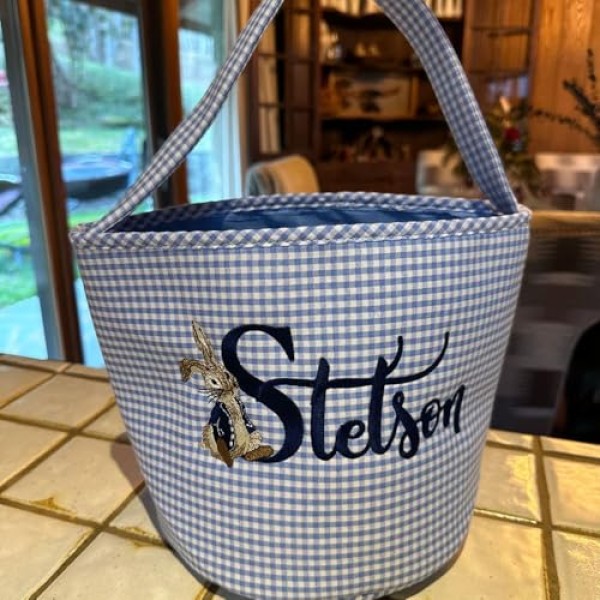 Blue Seersucker Embroidered Basket - Image 6