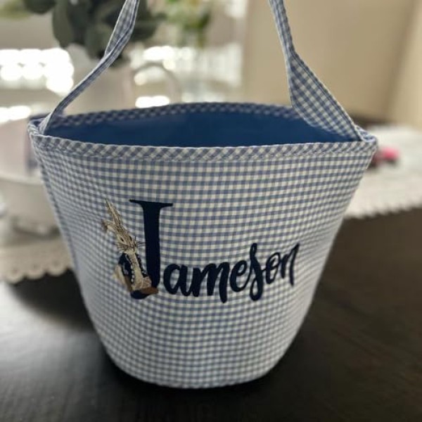 Blue Seersucker Embroidered Basket - Image 7